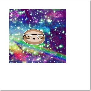 Nerdy Sloth Face Rainbow Space Posters and Art